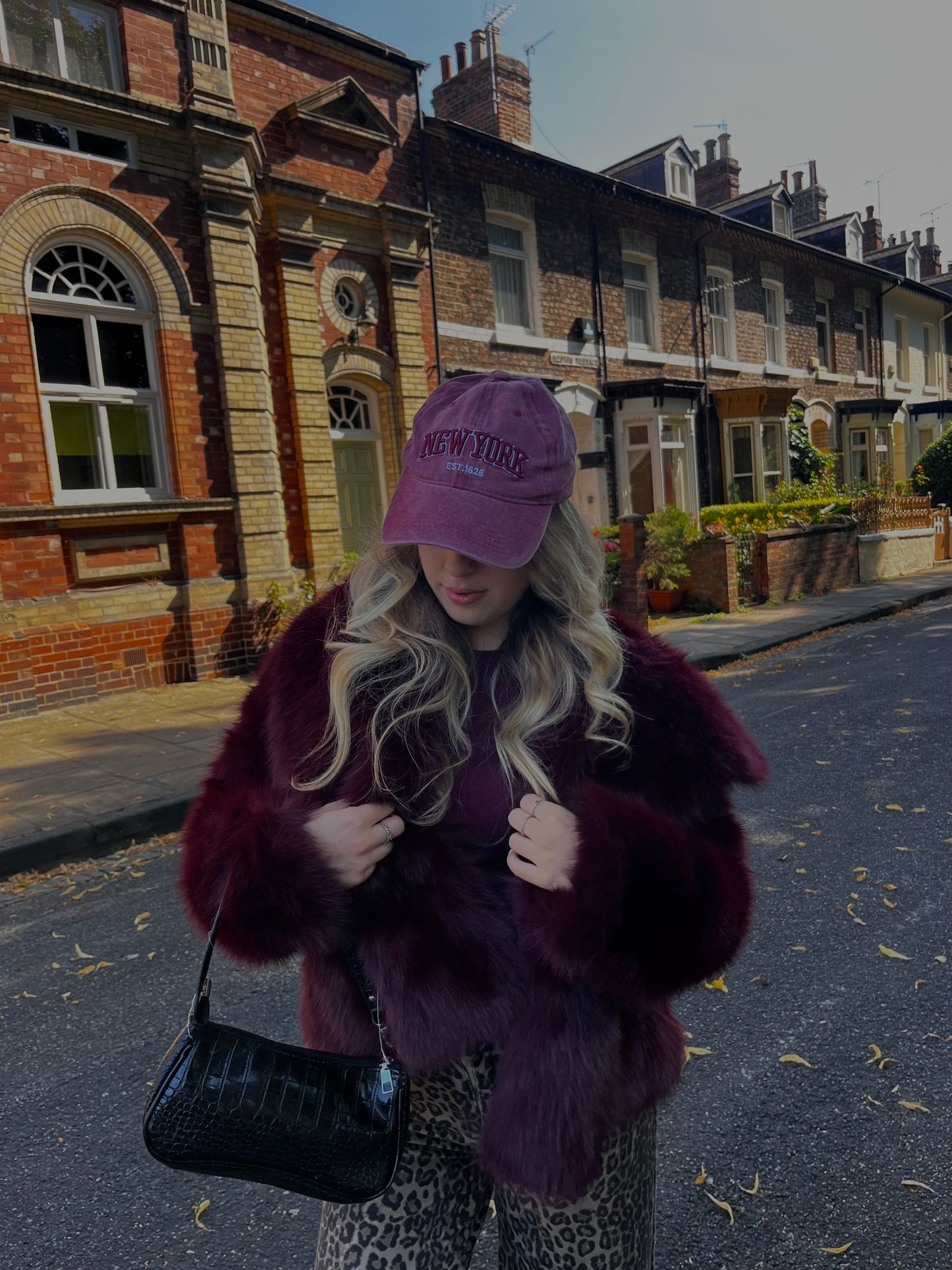 Burgandy chunky faux fur jacket with magnetic clasps