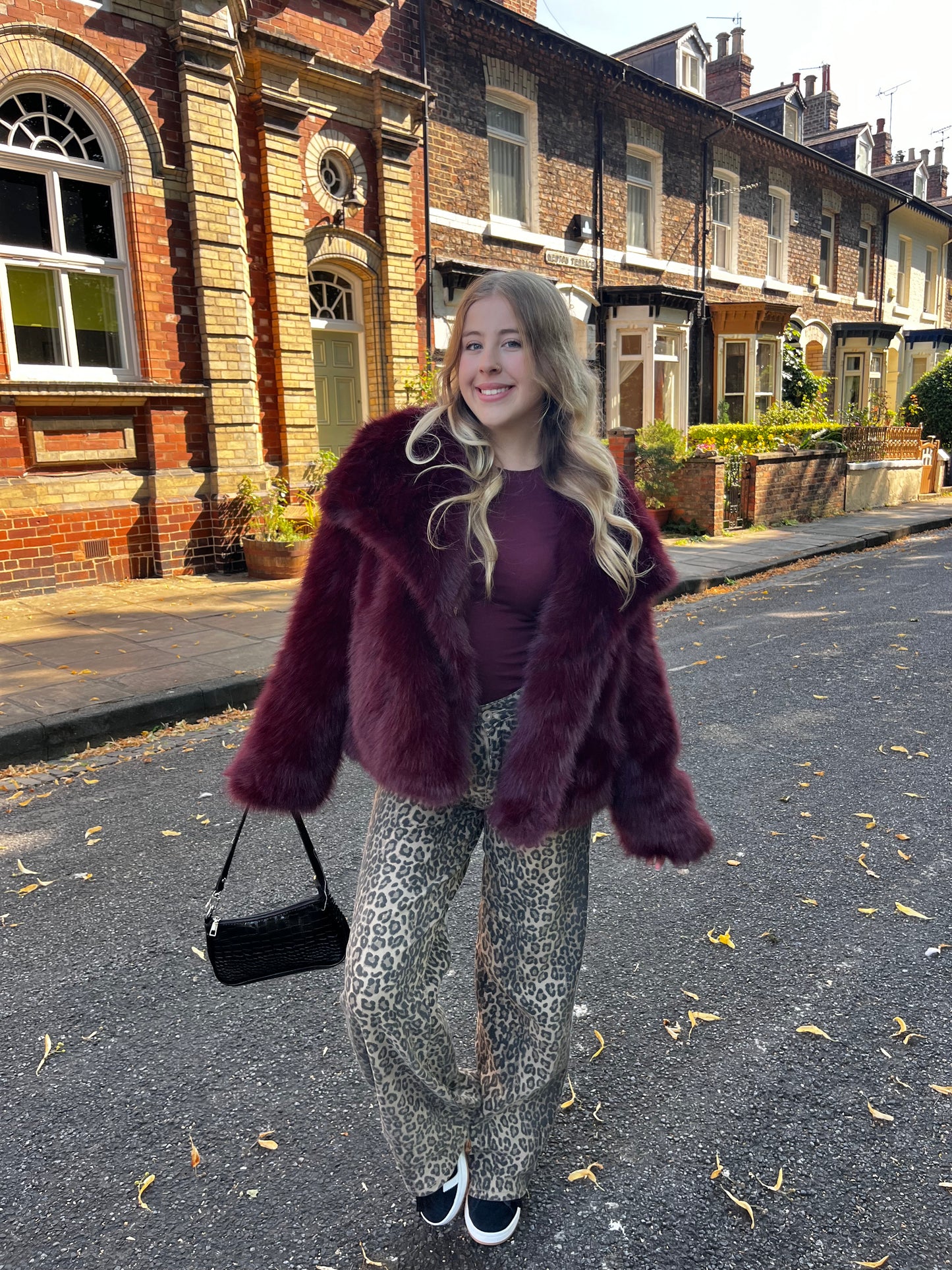 Burgandy chunky faux fur jacket with magnetic clasps