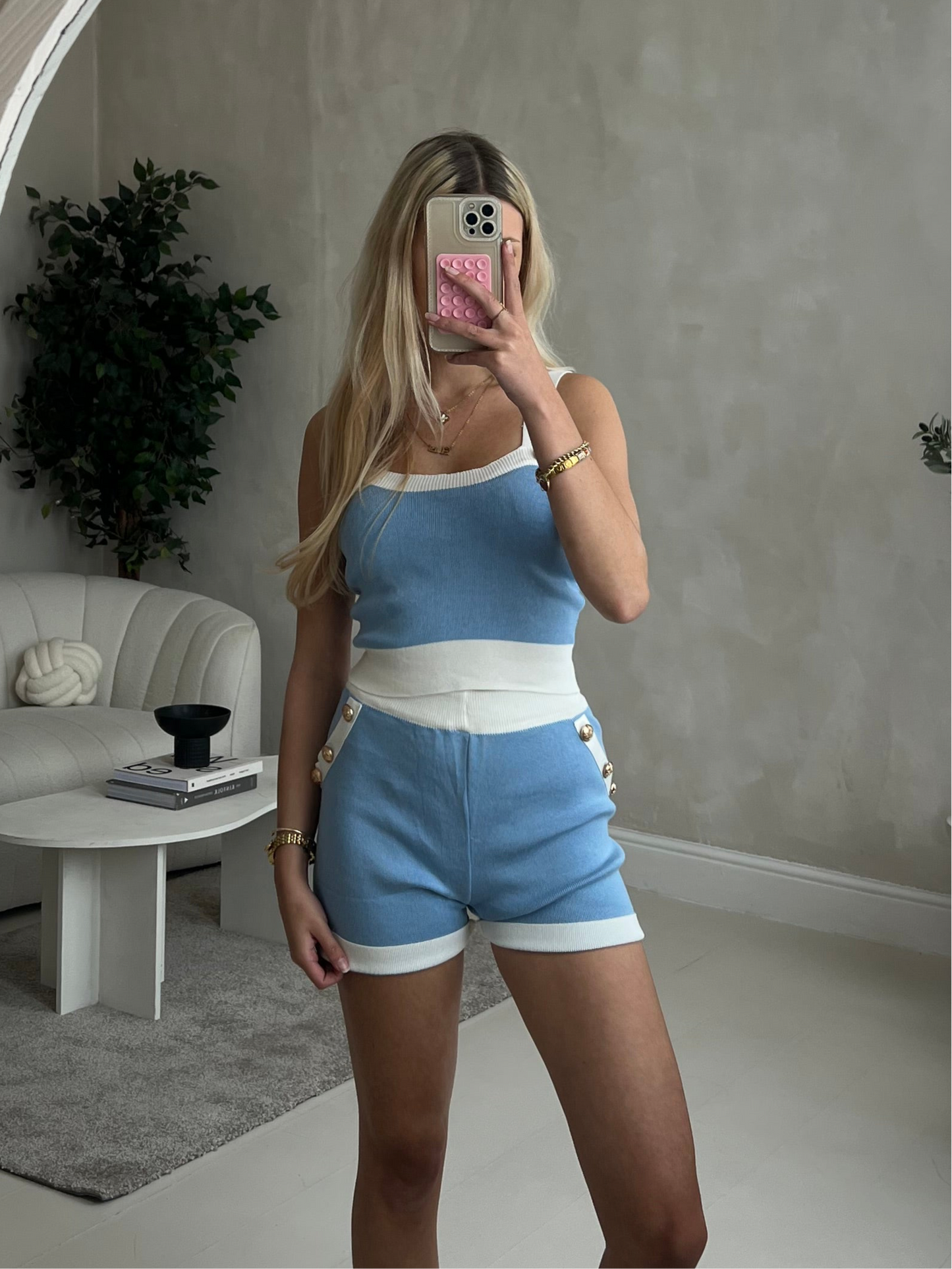Crop top and shorts set with button embellishments