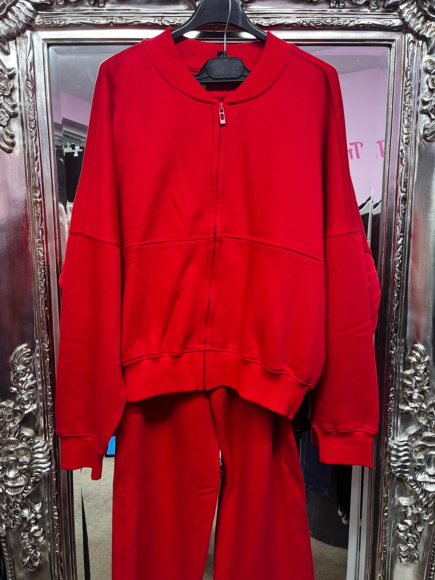 Fleeced inside zip up bomber jacket and wide leg trousers