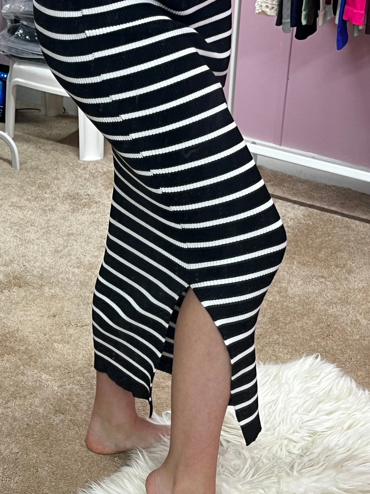 Black and White Stripey Maxi Skirt and Long Sleeve Crop Top Set