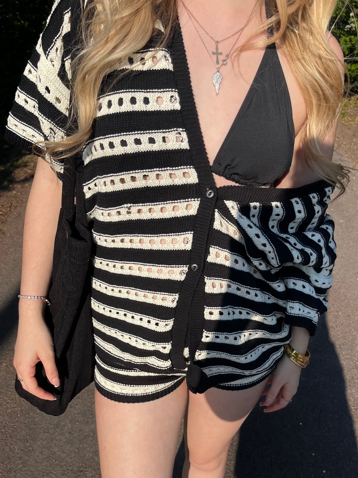 Striped crochet two button top and shorts set