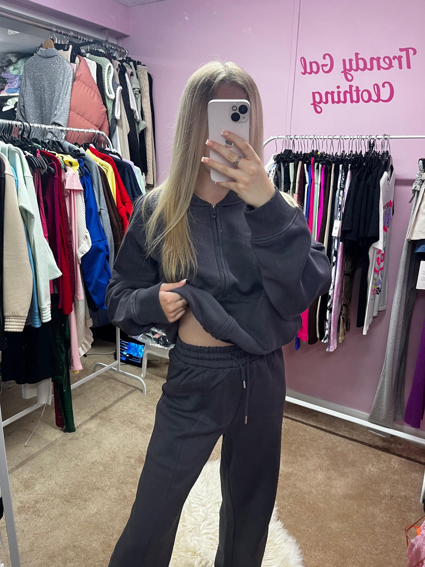 Fleeced inside zip up bomber jacket and wide leg trousers