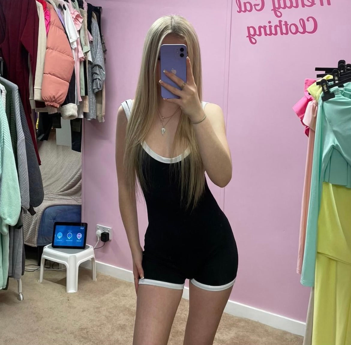Black with white trim scoop neck unitard