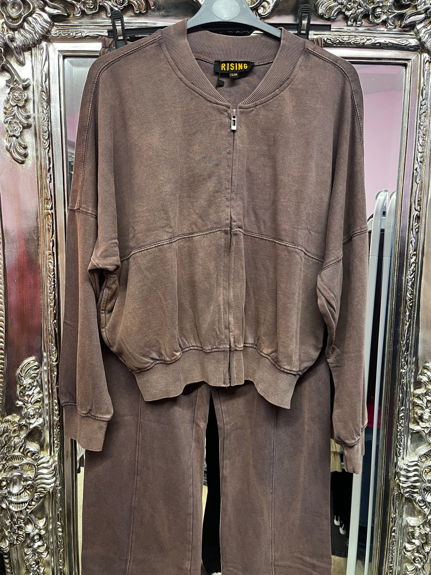Acid wash zip up bomber jacket and wide leg jogger set