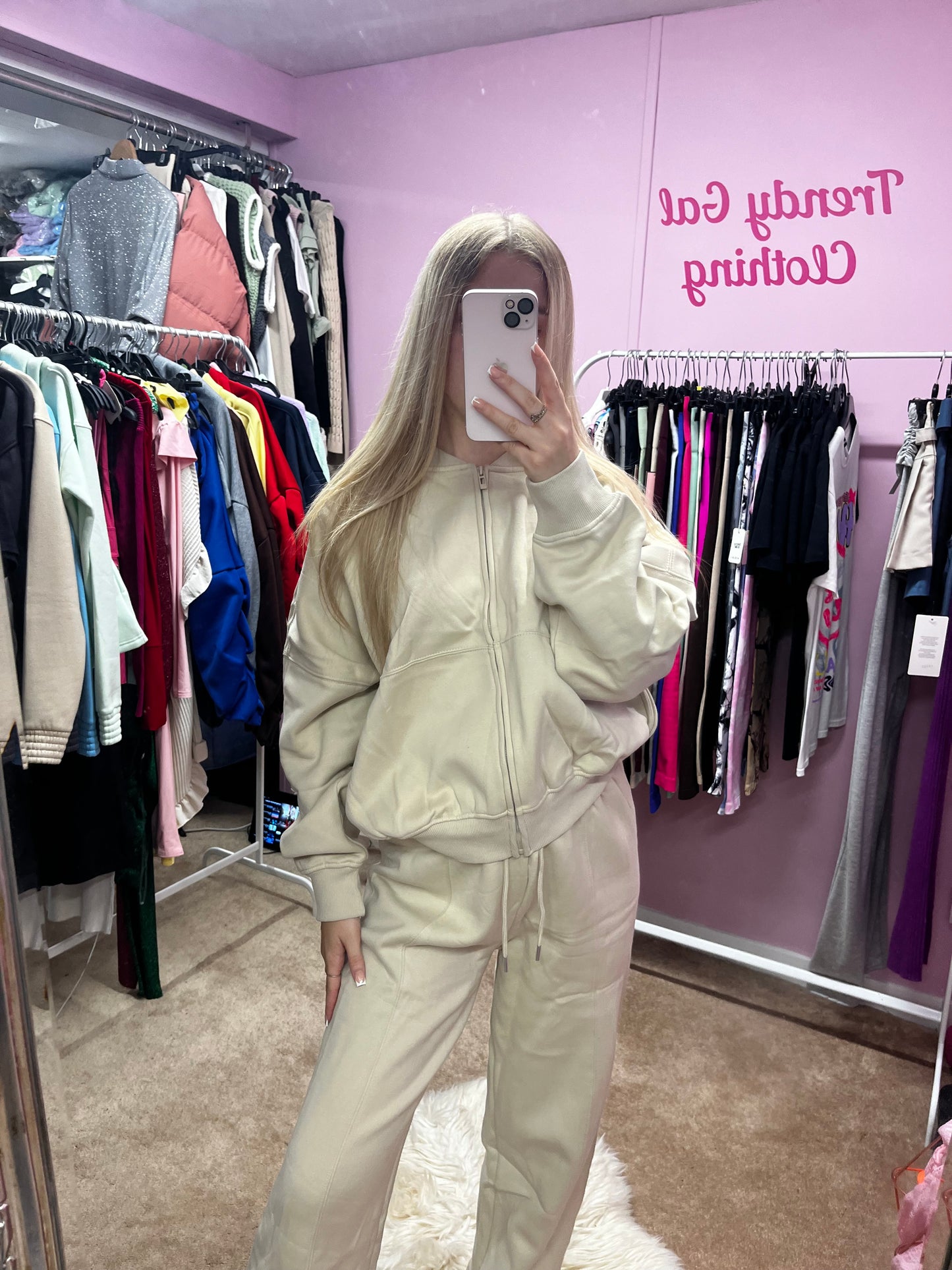 Fleeced inside zip up bomber jacket and wide leg trousers