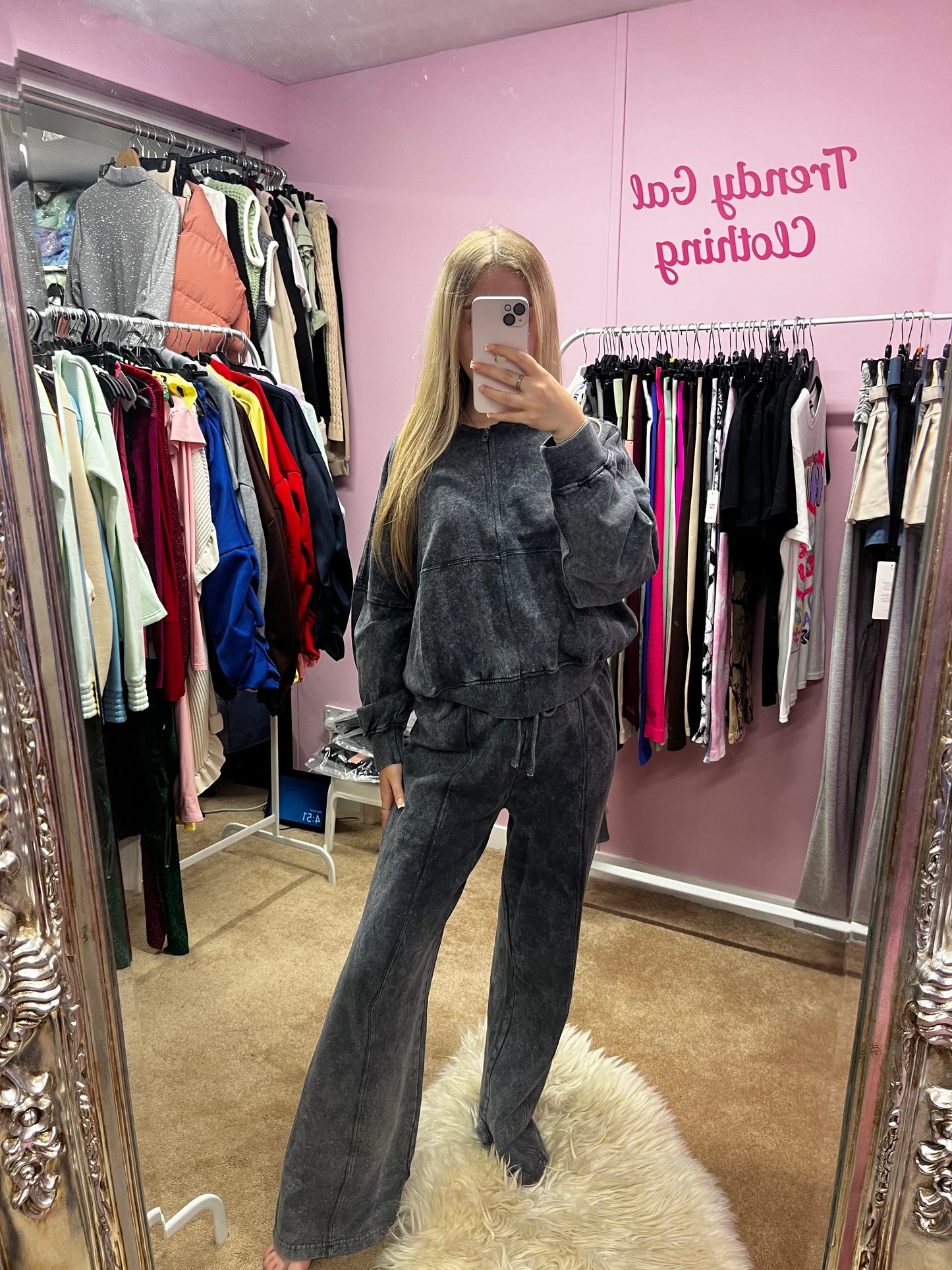 Acid wash zip up bomber jacket and wide leg jogger set