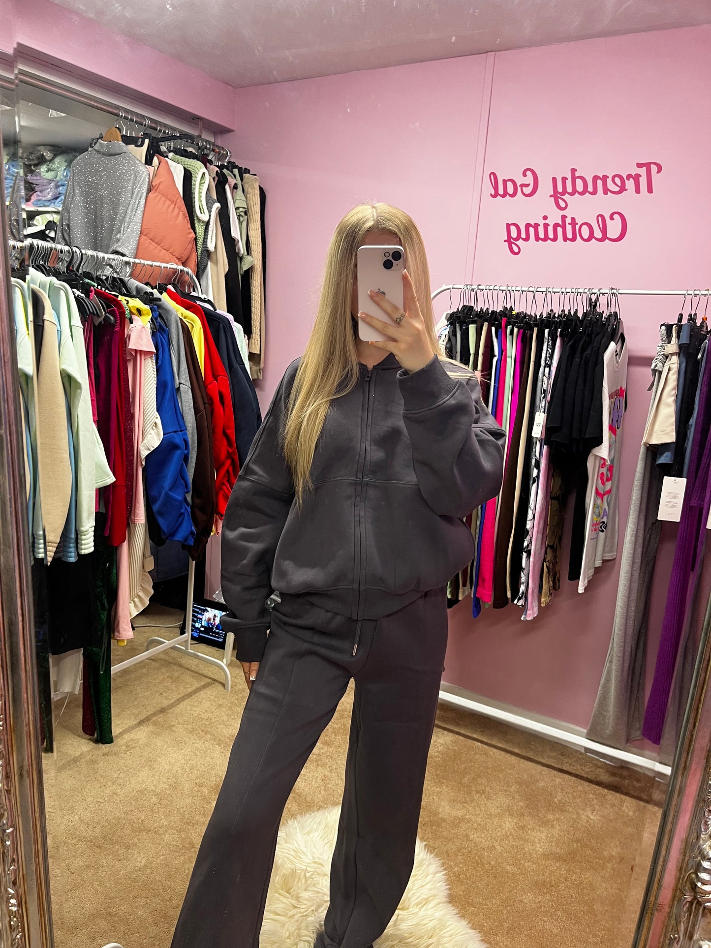 Fleeced inside zip up bomber jacket and wide leg trousers