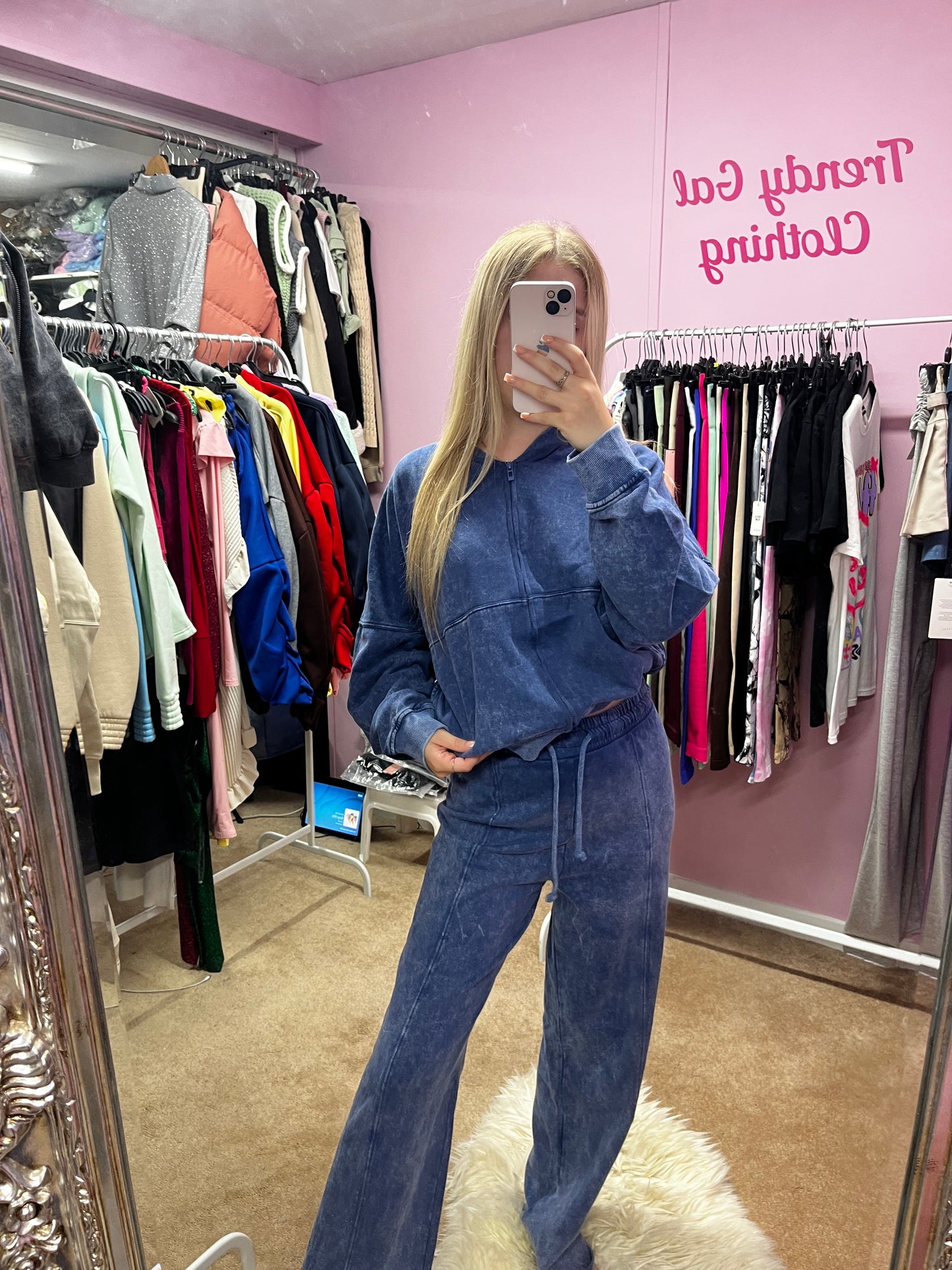 Acid wash zip up bomber jacket and wide leg jogger set