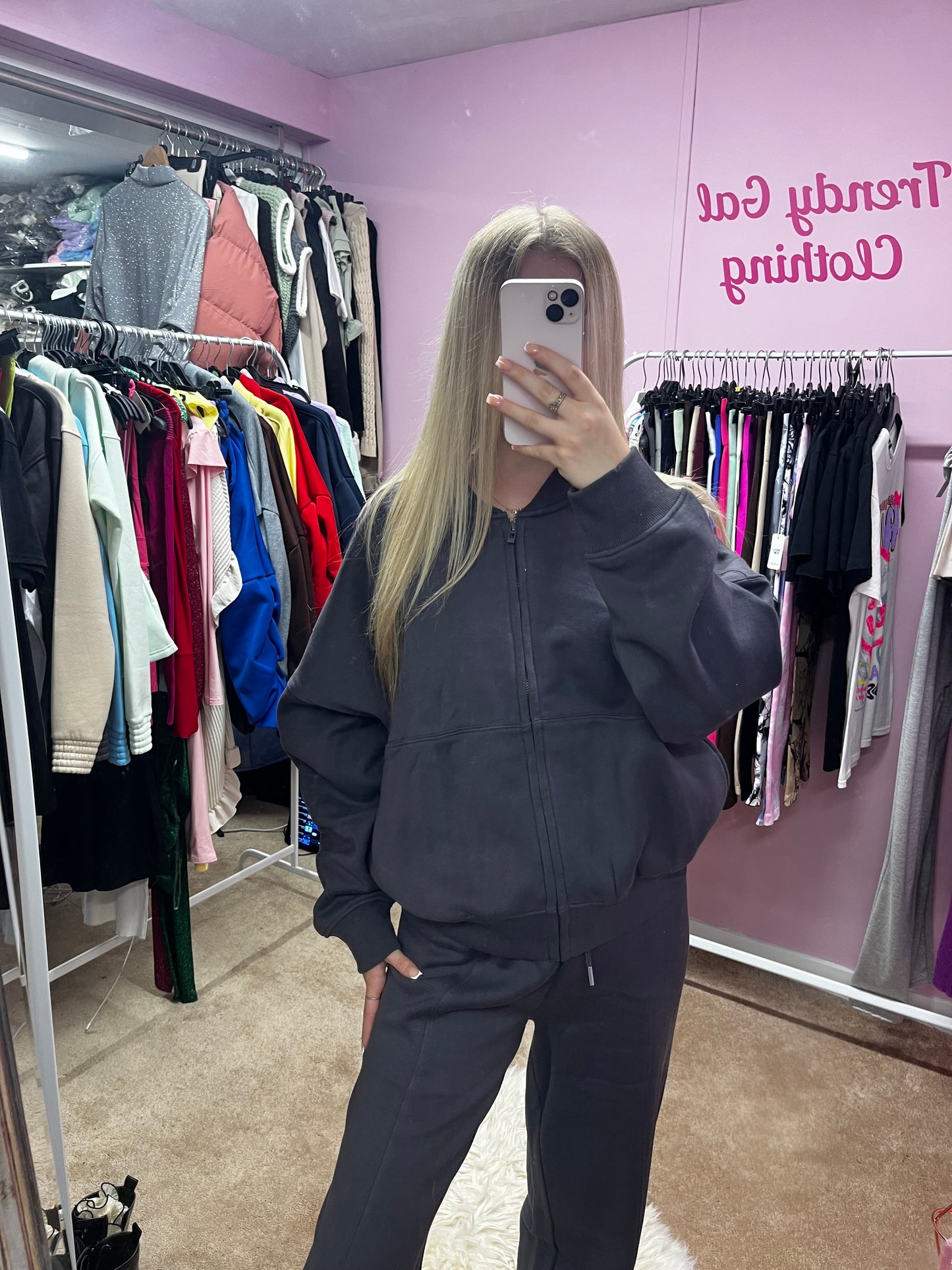 Fleeced inside zip up bomber jacket and wide leg trousers