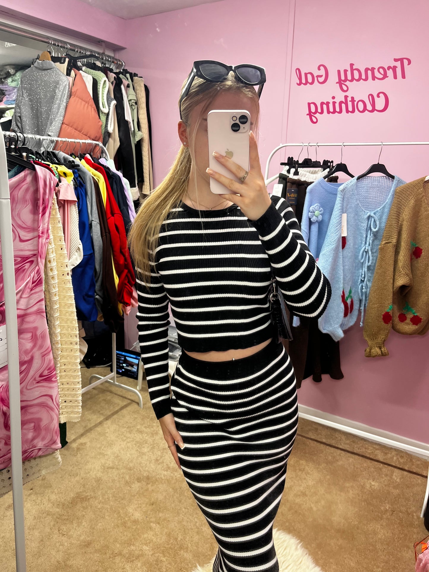 Black and White Stripey Maxi Skirt and Long Sleeve Crop Top Set