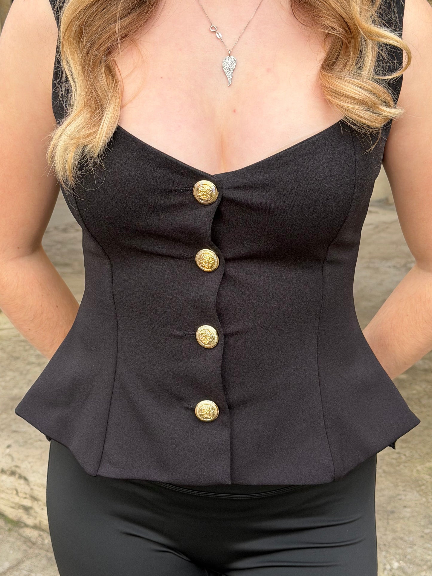 Gold button up structured waistcoat top