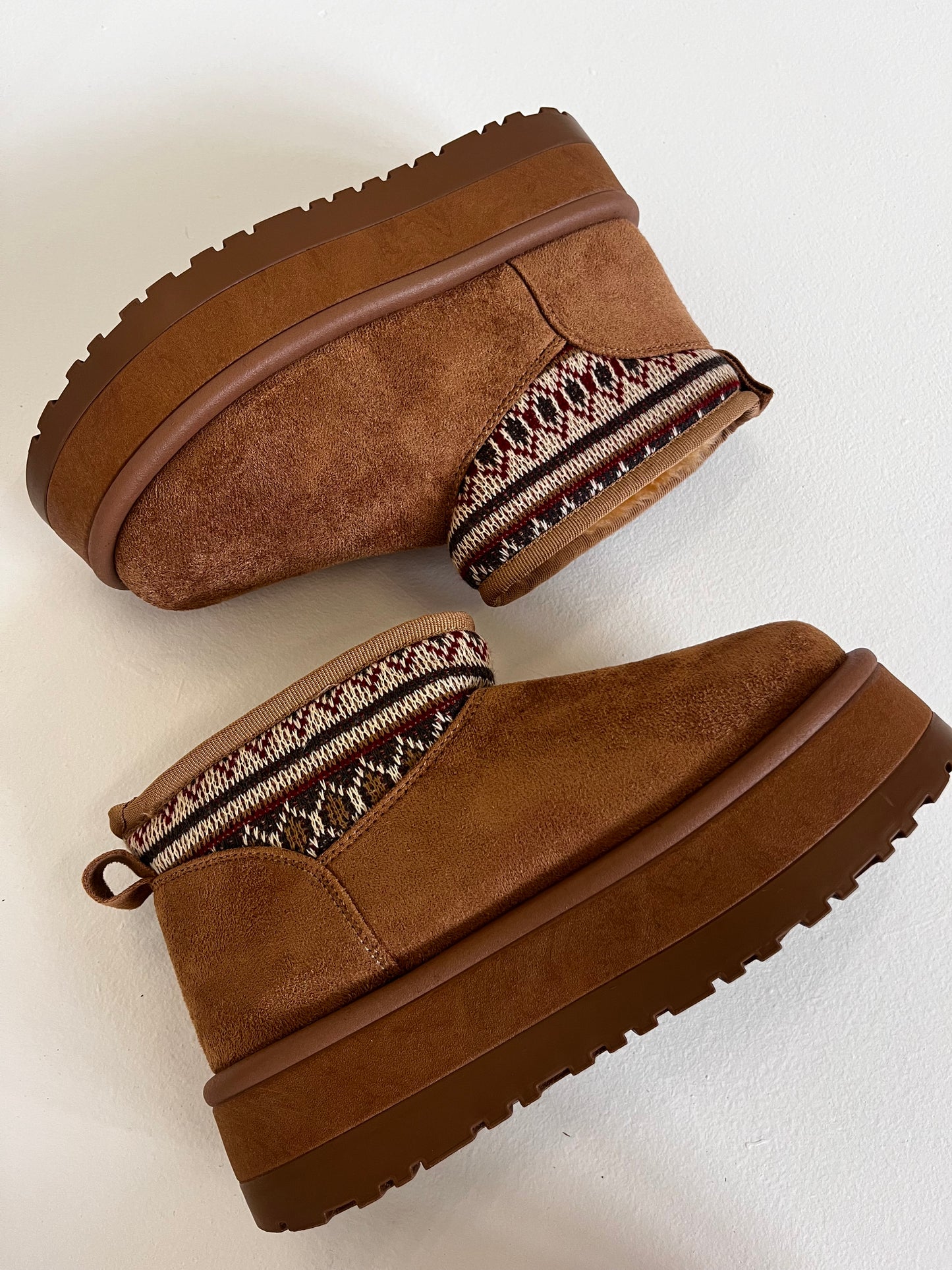 Chunky fleece-lined chestnut boots with embroidered knit detailing