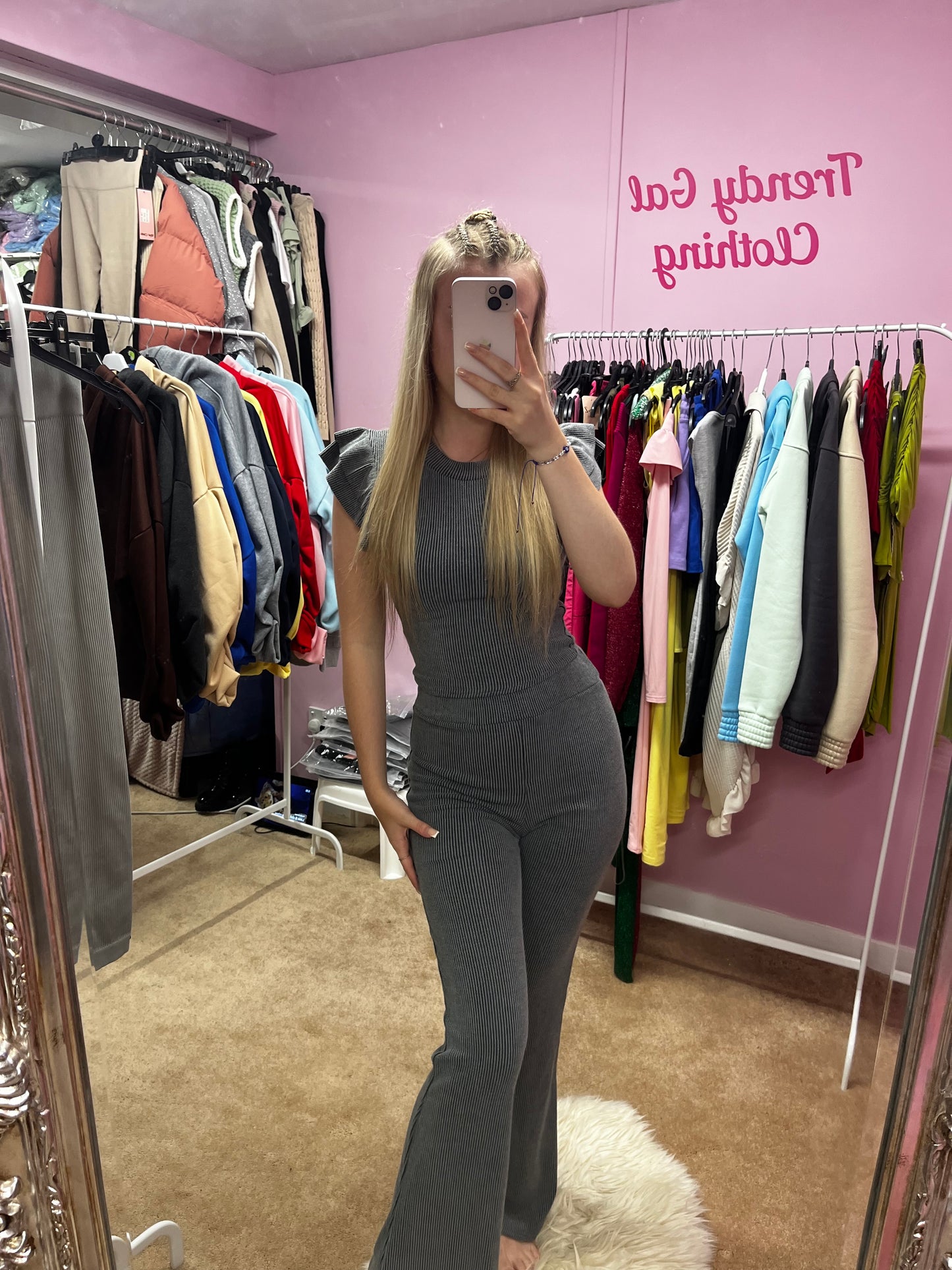 Ribbed flares and frill shoulder top set