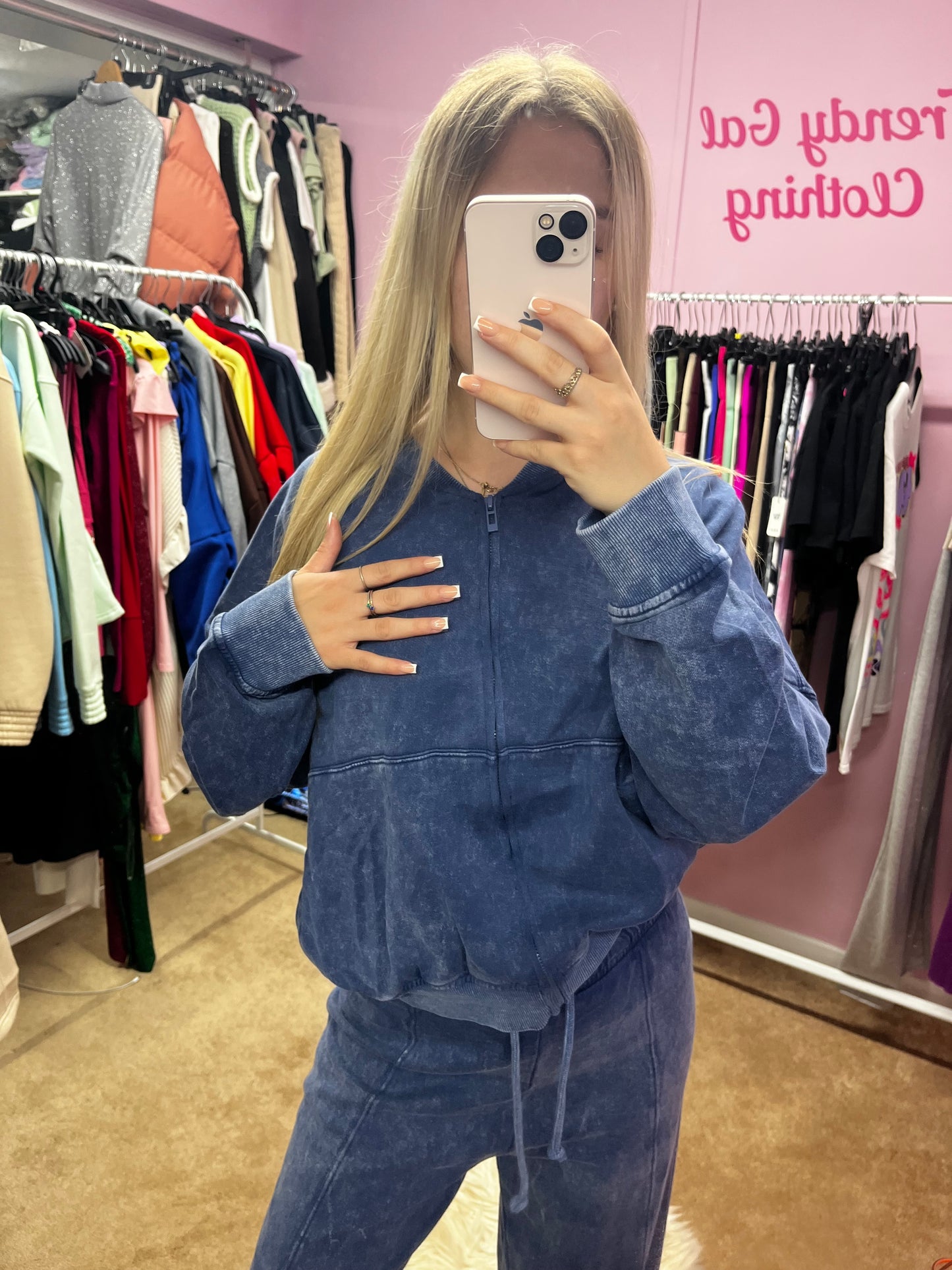 Acid wash zip up bomber jacket and wide leg jogger set