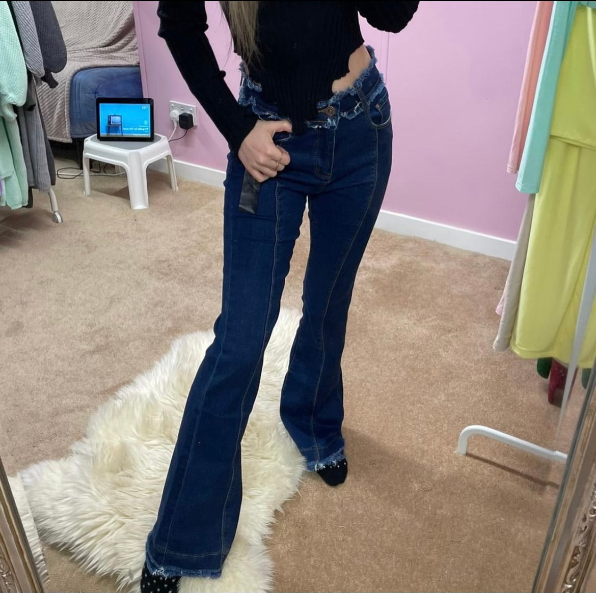 Low waisted flared seam detail denim jeans