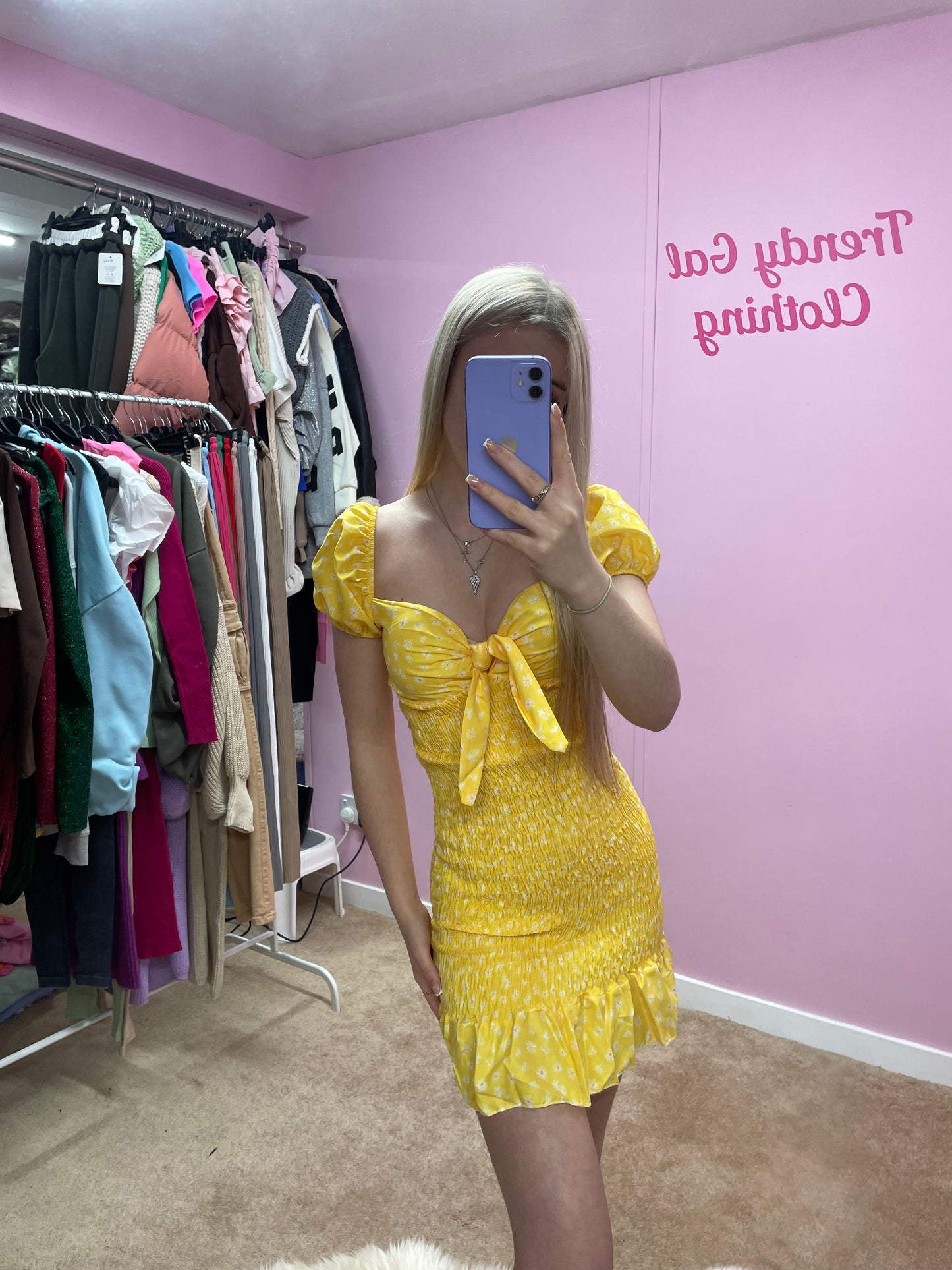 Yellow puff shoulder shirred bodycon dress (UK6-14)