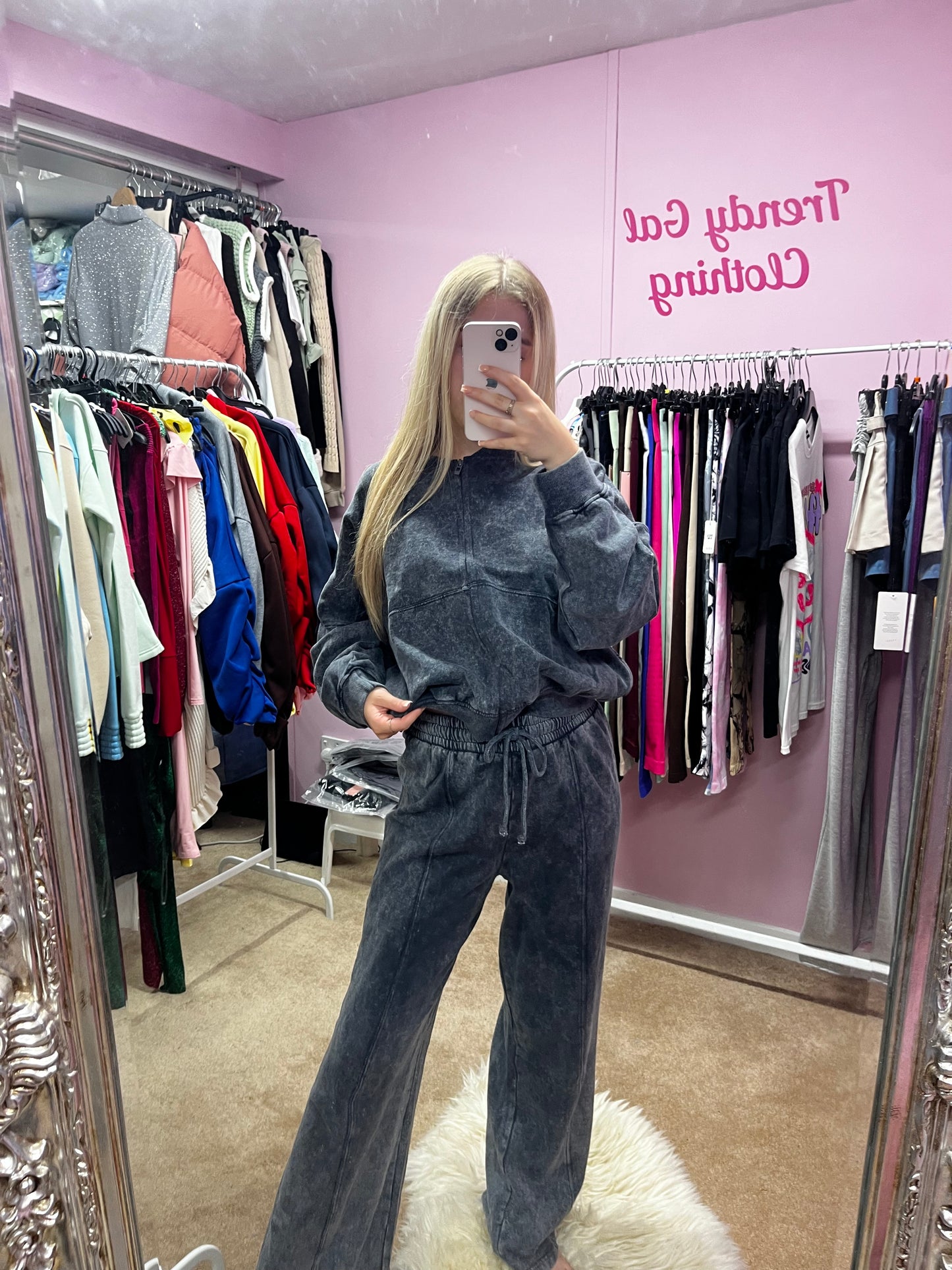 Acid wash zip up bomber jacket and wide leg jogger set