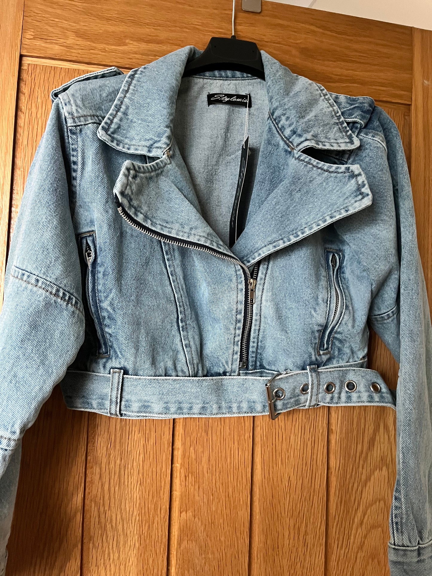 Denim zip up biker jacket with attached belt