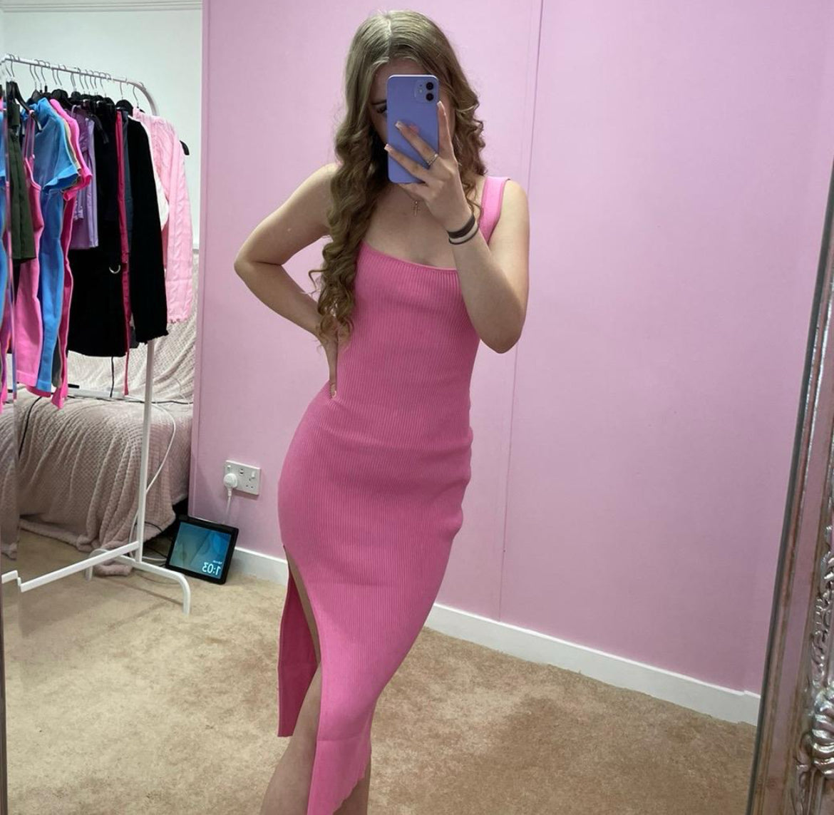 Demi ribbed midi dress with side slit