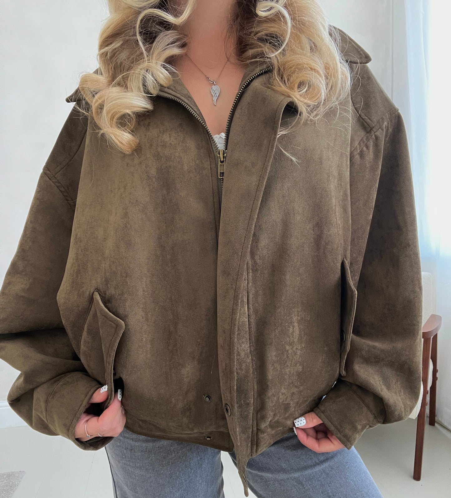 Khaki oversized suede jacket