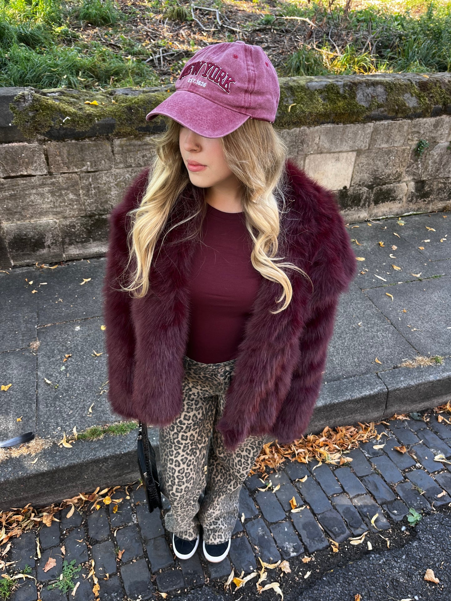 Burgandy chunky faux fur jacket with magnetic clasps