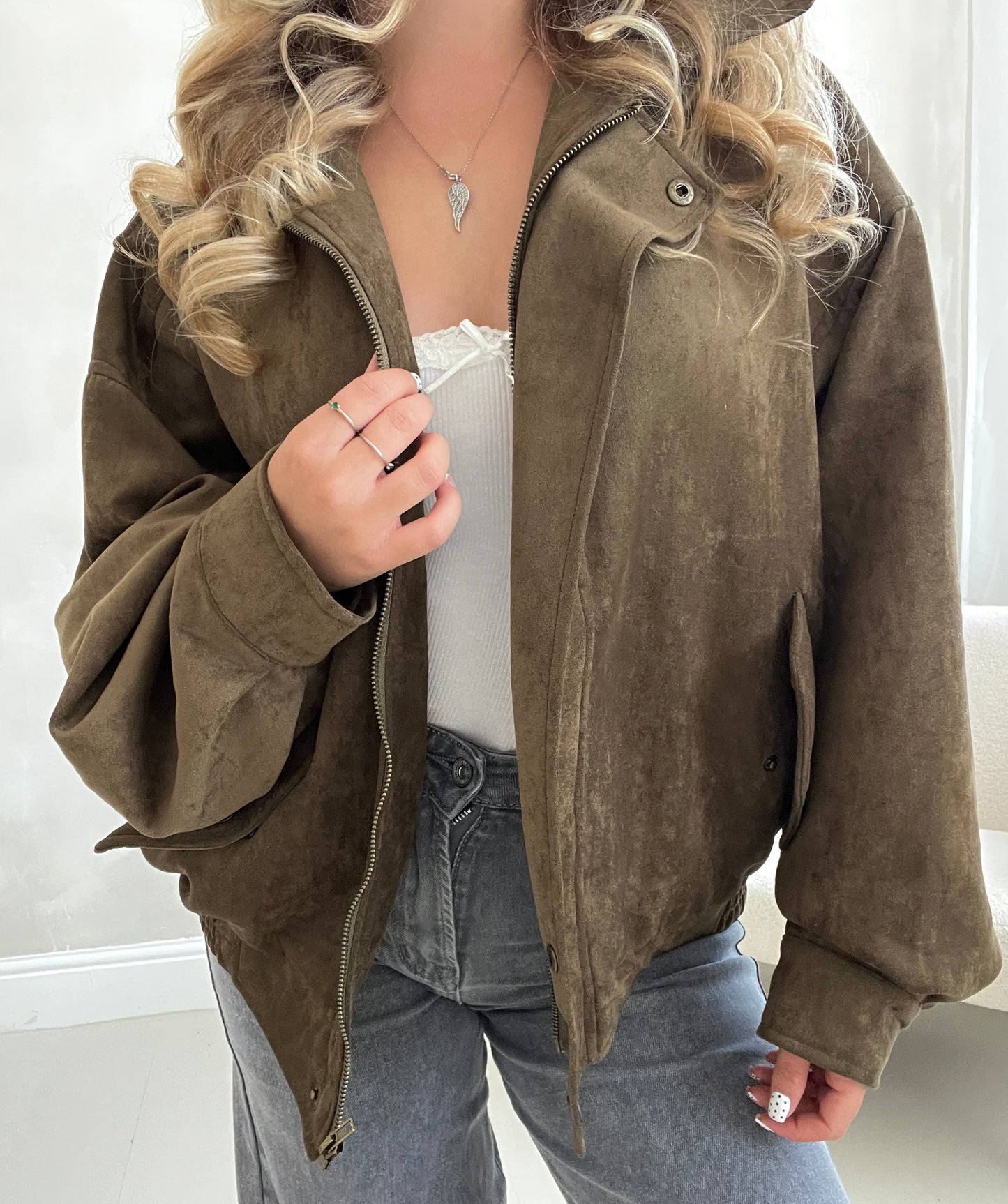 Khaki oversized suede jacket