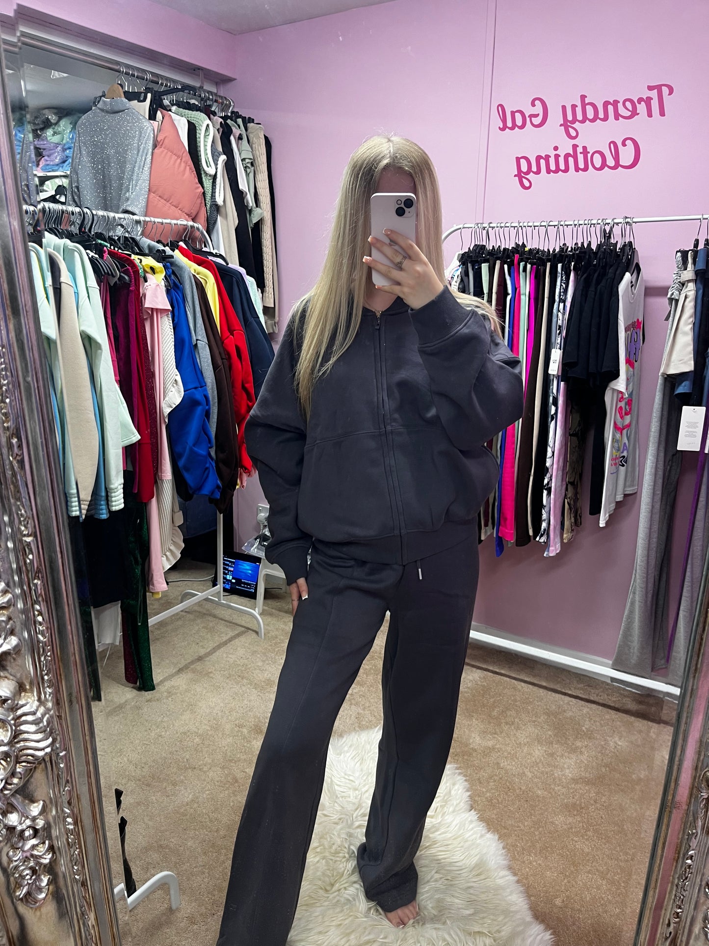Fleeced inside zip up bomber jacket and wide leg trousers