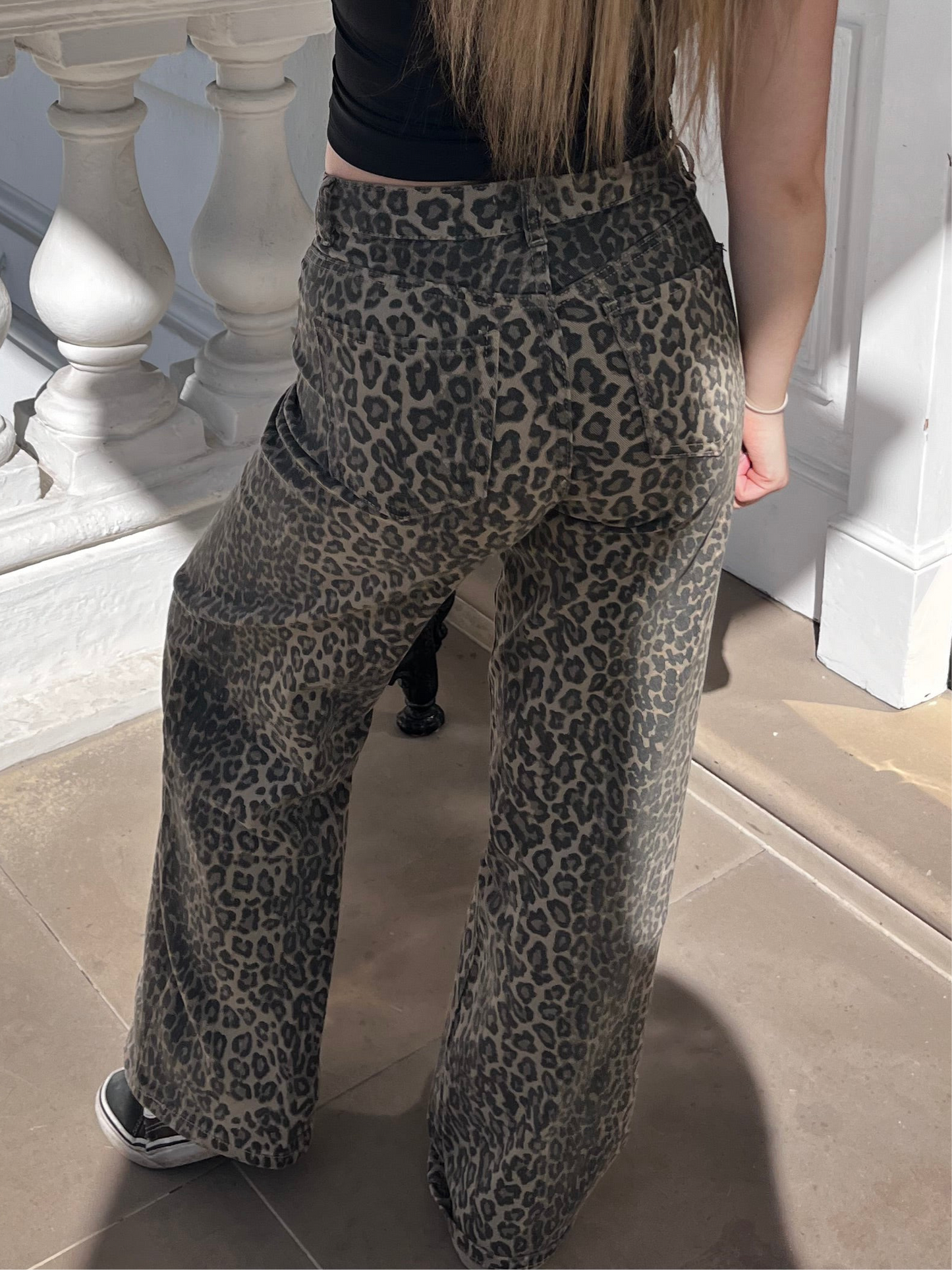 Leopard print mid rise dad fit jeans