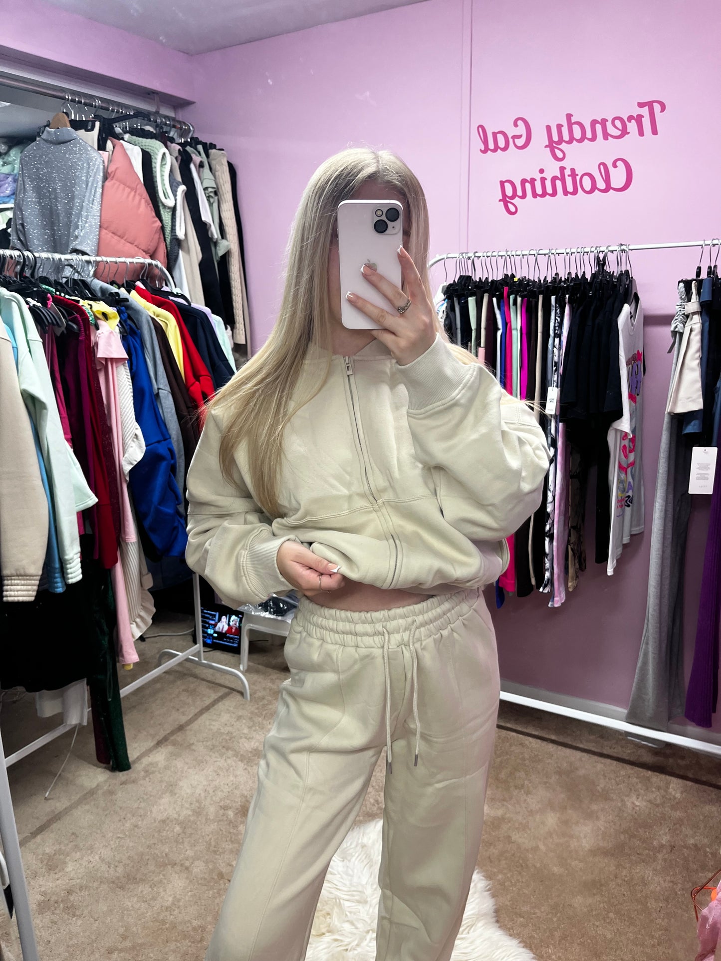 Fleeced inside zip up bomber jacket and wide leg trousers