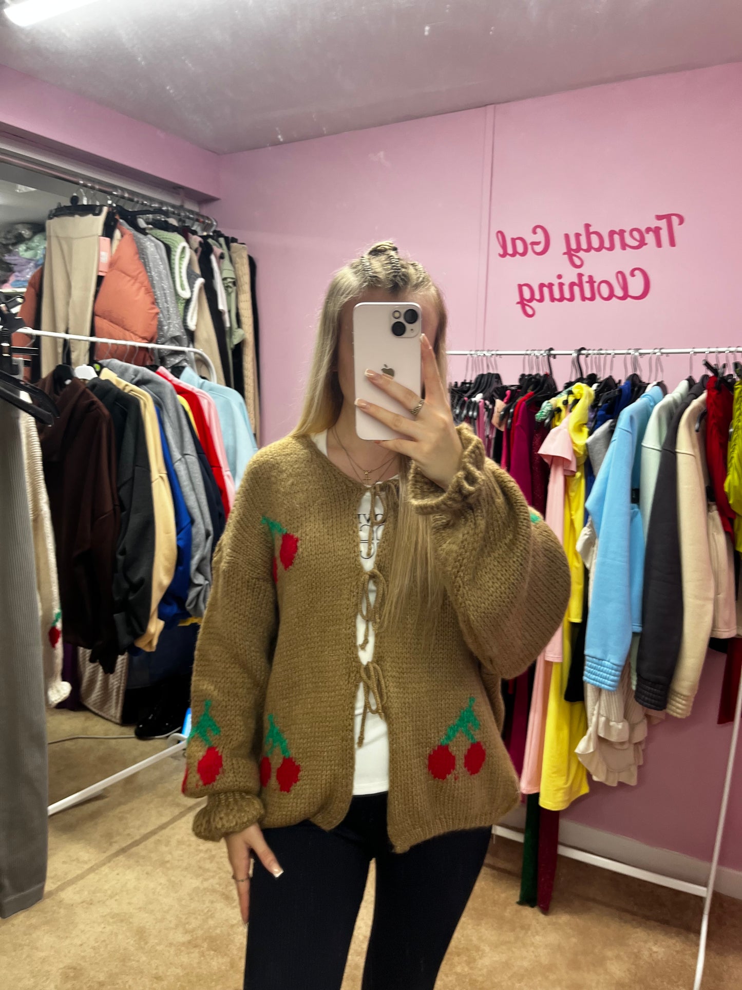 Knitted bow tie up cherry cardigan with frill cuffs