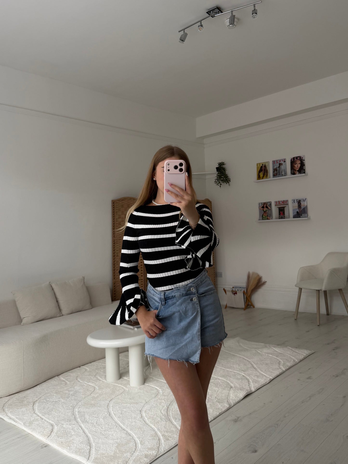 Stripey ribbed full length top with ruffle cuff