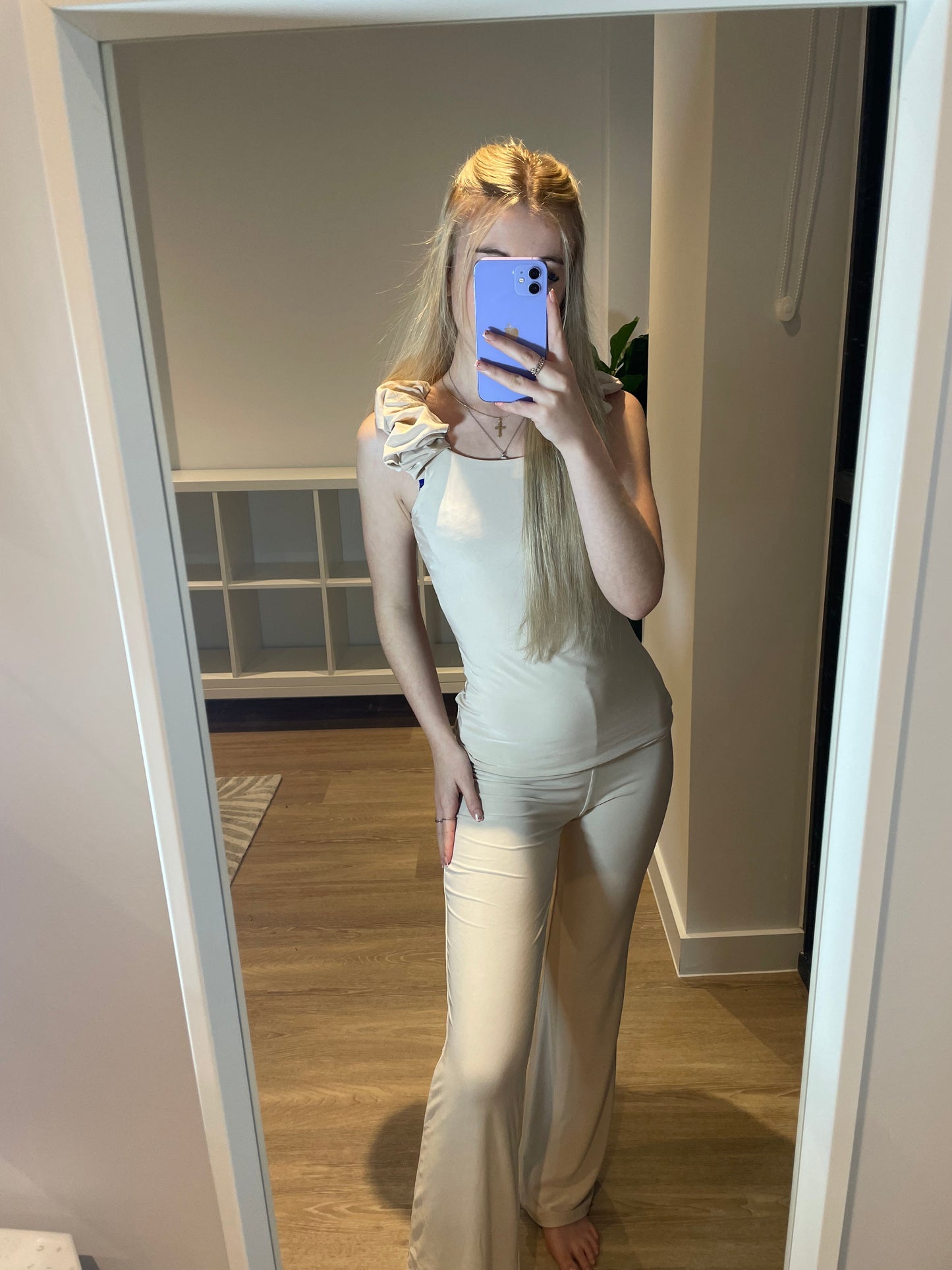 Slinky frilled sleeveless top and flares set