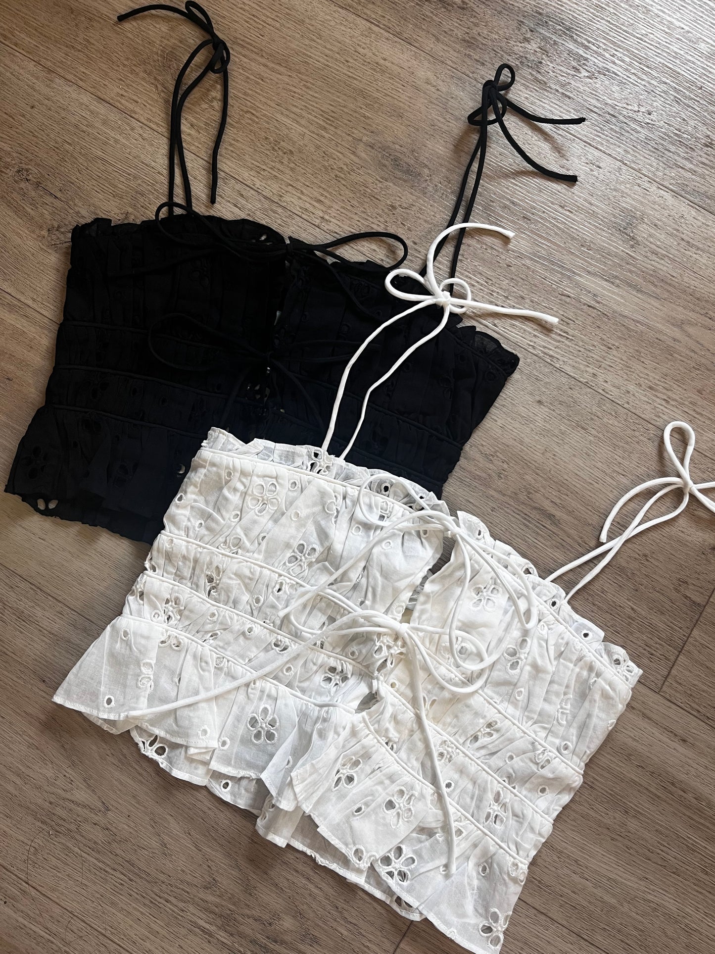 Broderie anglaise shoulder tie crop top
