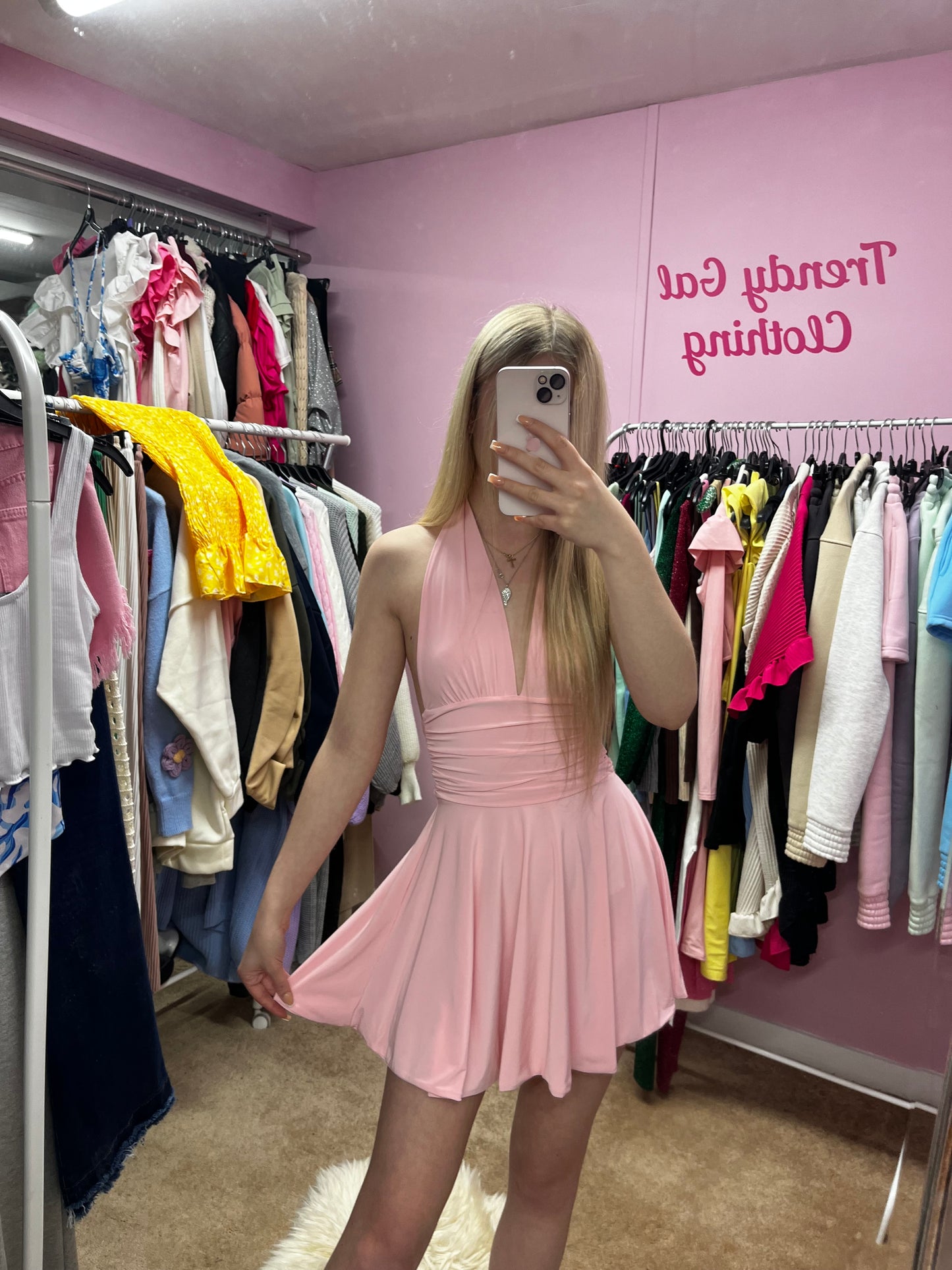 Halter neck slinky back tie dress