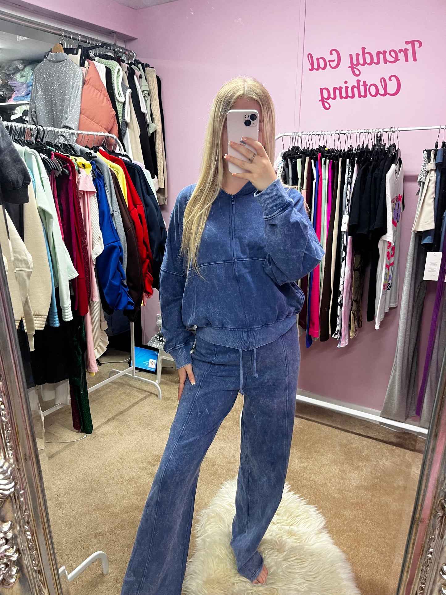 Acid wash zip up bomber jacket and wide leg jogger set