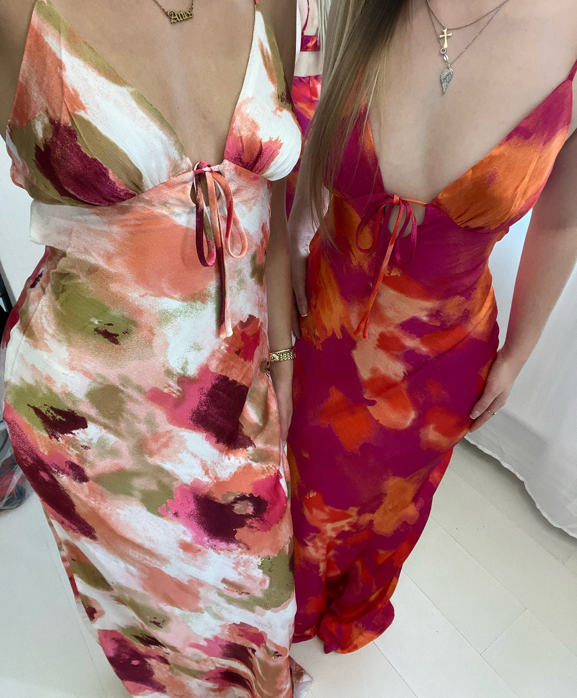 Watercolour satin cut out back maxi dress
