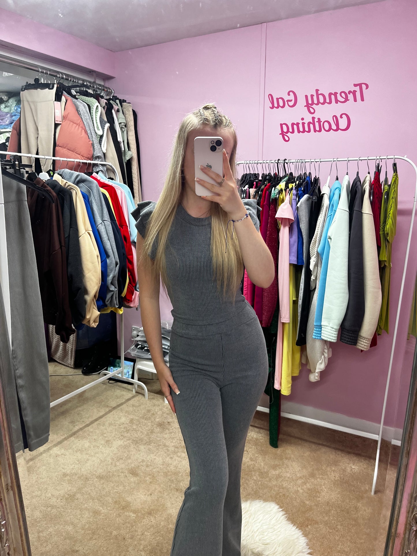 Ribbed flares and frill shoulder top set