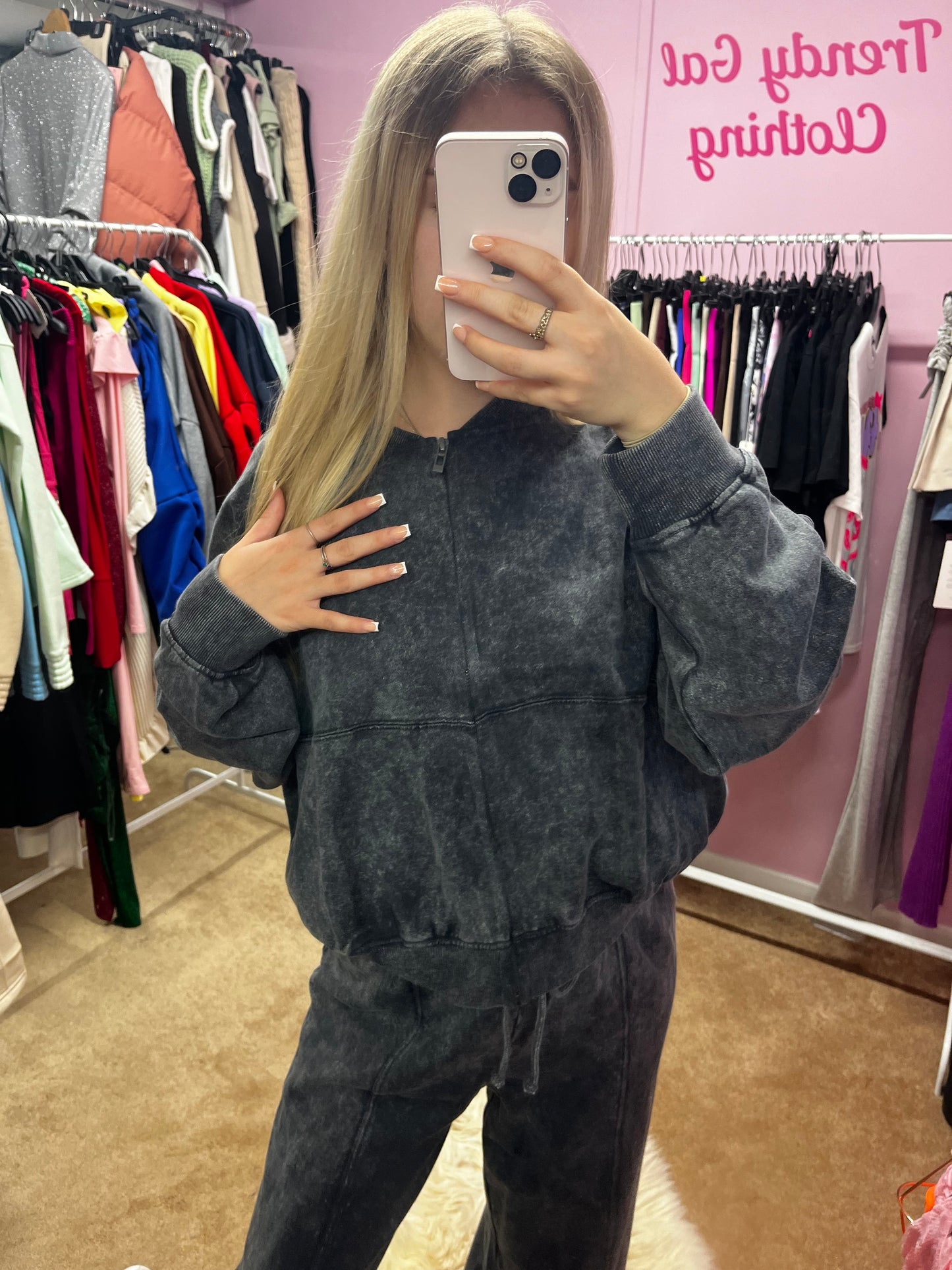 Acid wash zip up bomber jacket and wide leg jogger set