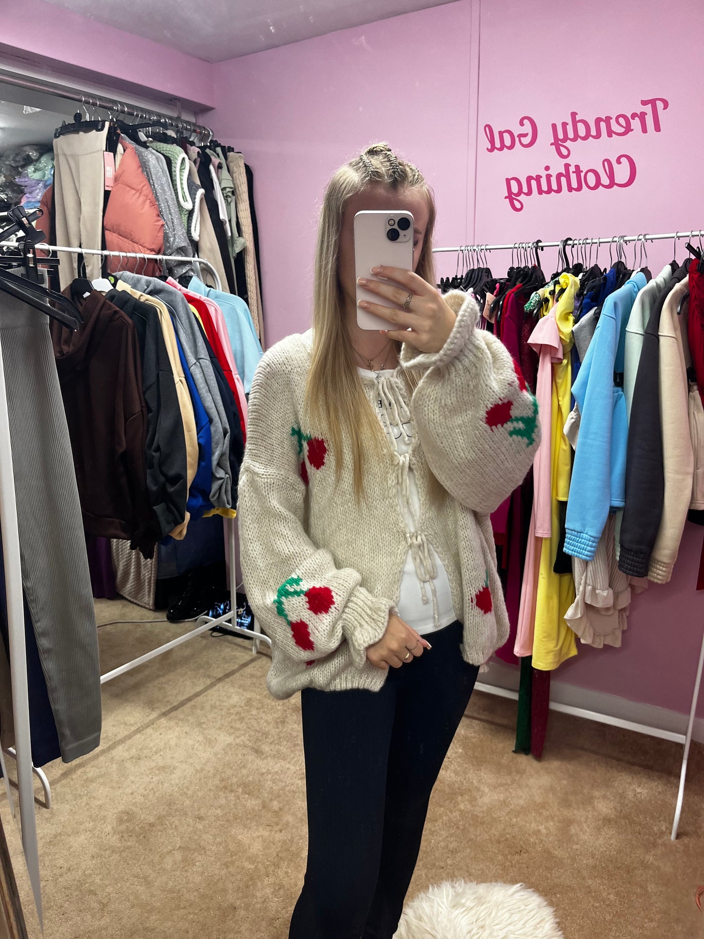 Knitted bow tie up cherry cardigan with frill cuffs