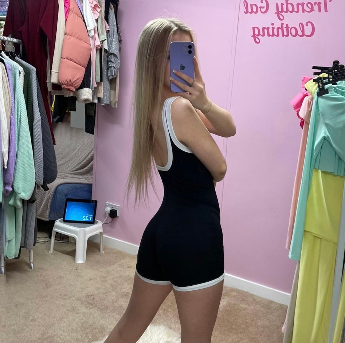 Black with white trim scoop neck unitard