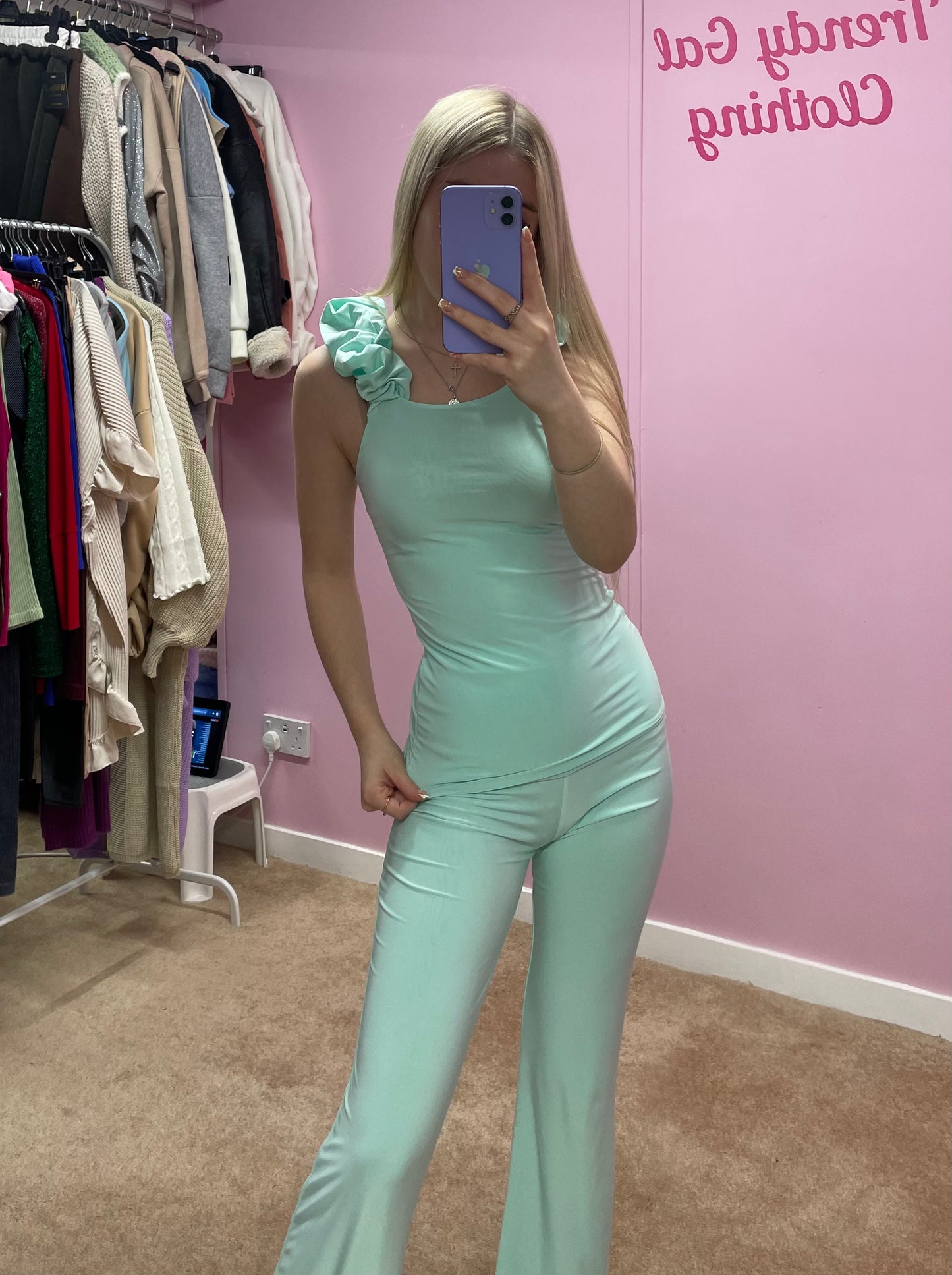 Slinky frilled sleeveless top and flares set