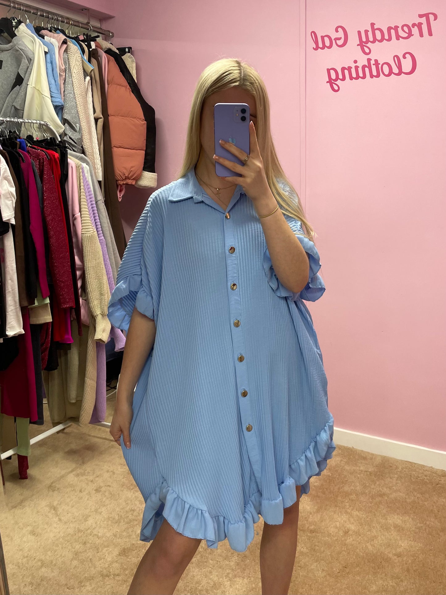 Pleated button up flowy dress