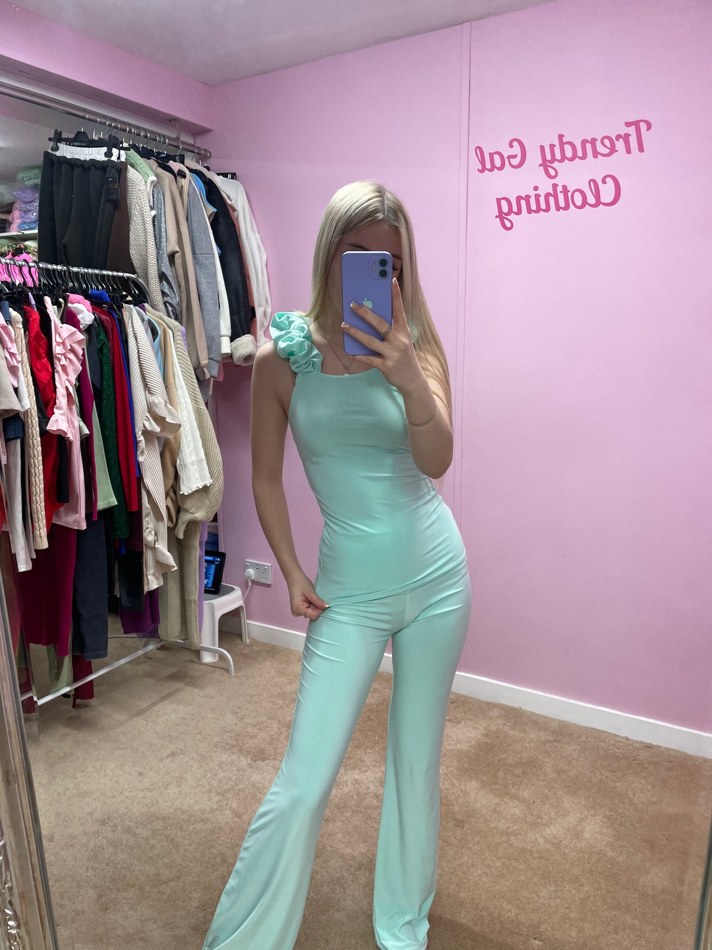 Slinky frilled sleeveless top and flares set