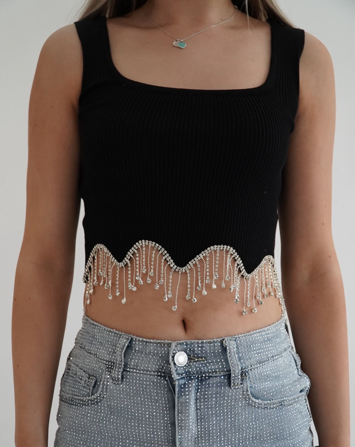 Ribbed crop top with sparkly fringe trim
