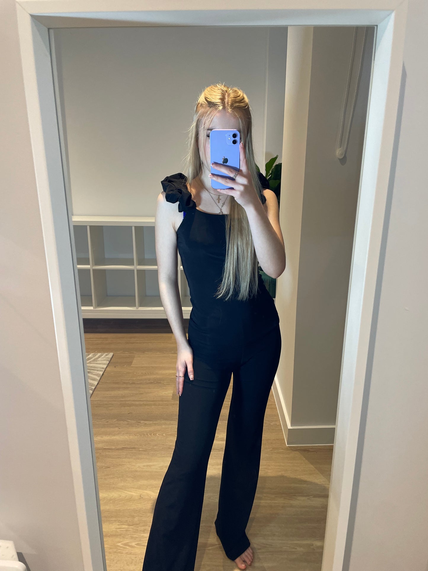 Slinky frilled sleeveless top and flares set