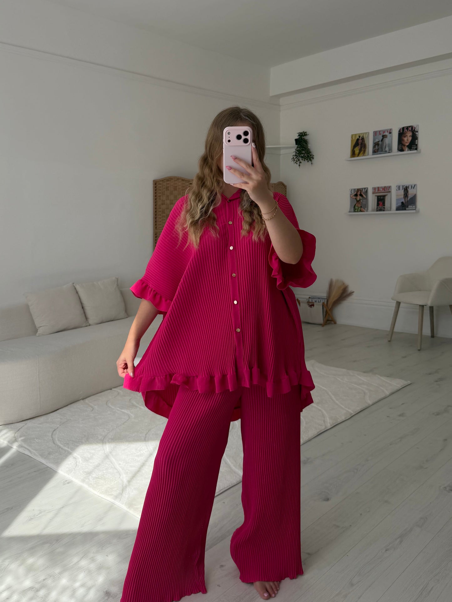 Button up pleated top and trouser set