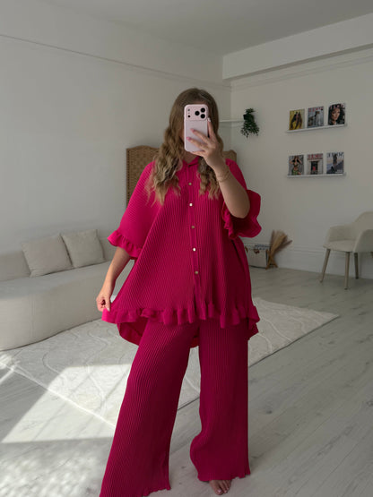 Button up pleated top and trouser set