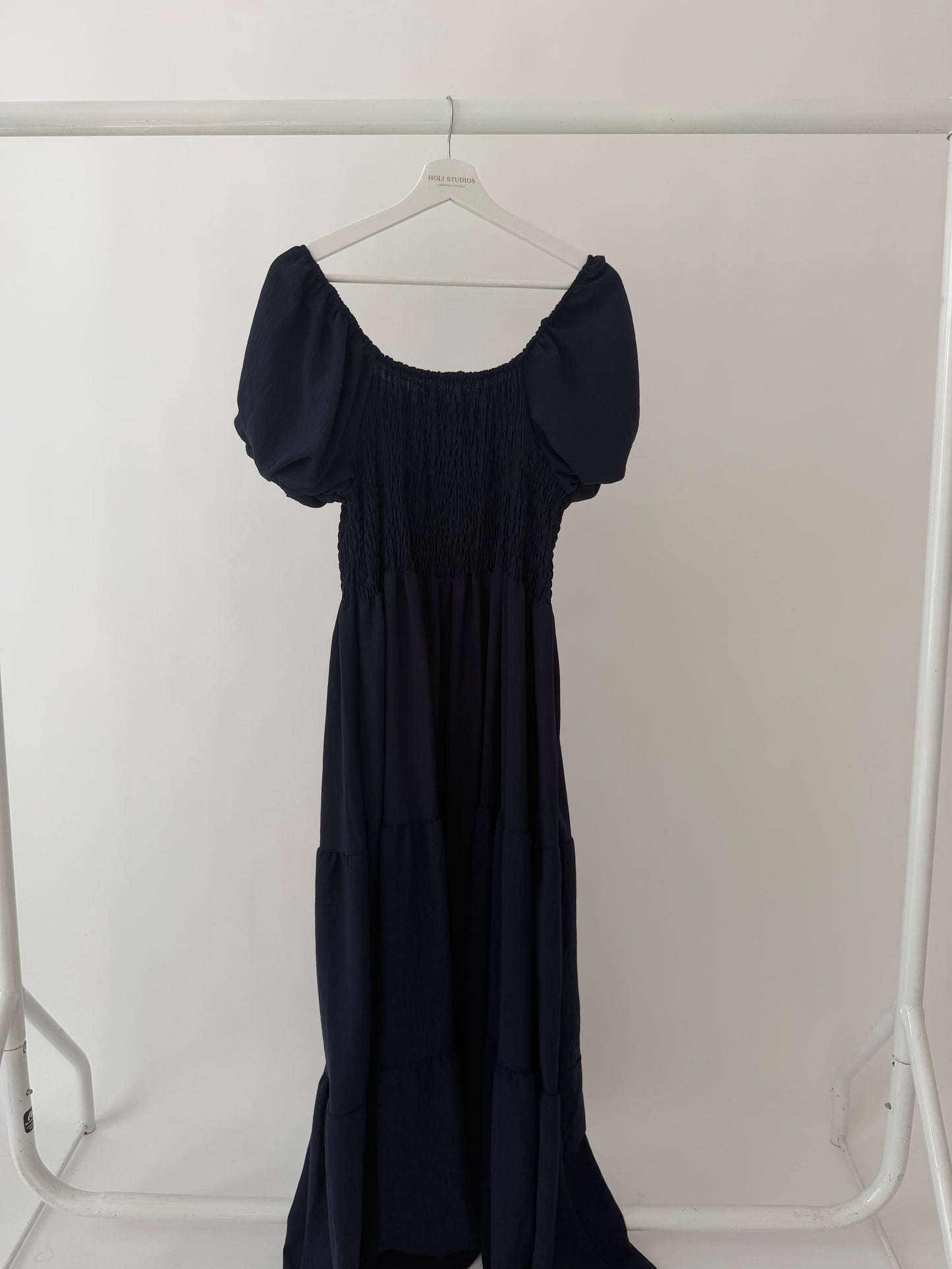 Off the shoulder shirred maxi dress