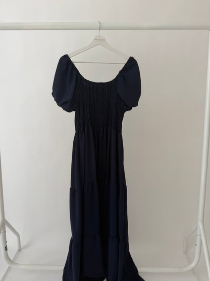 Off the shoulder shirred maxi dress